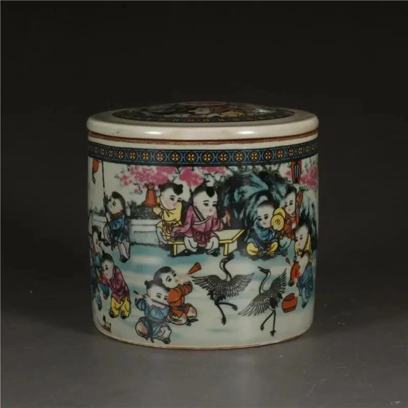 

Chinese Famille Rose Porcelain Jar Qing Tongzhi Kids Crane Pattern Pot 4.13 inch