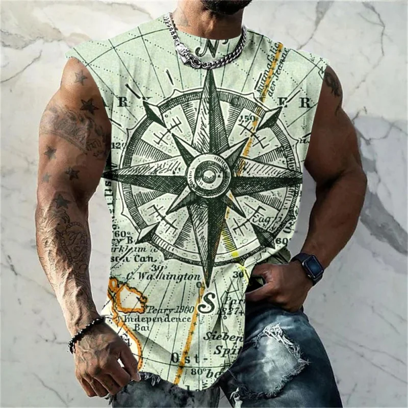 3D Printed Retro Compass Tank Tops For Men Navigation Ship Pattern Tees Summer Loose Sports Street Round Neck Vest Casual Tops