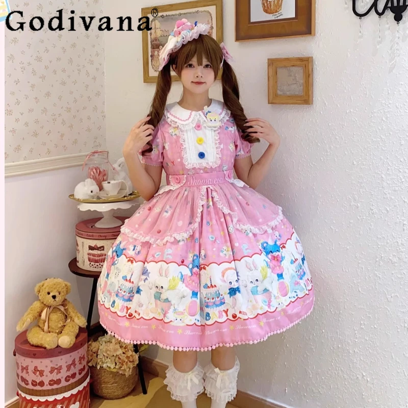 

Original Sweet Girls Pink Lolita Princess Dress Op Summer New Woman Cute Lamb Print Birthday Dress Daily Dress Vestidos De Mujer