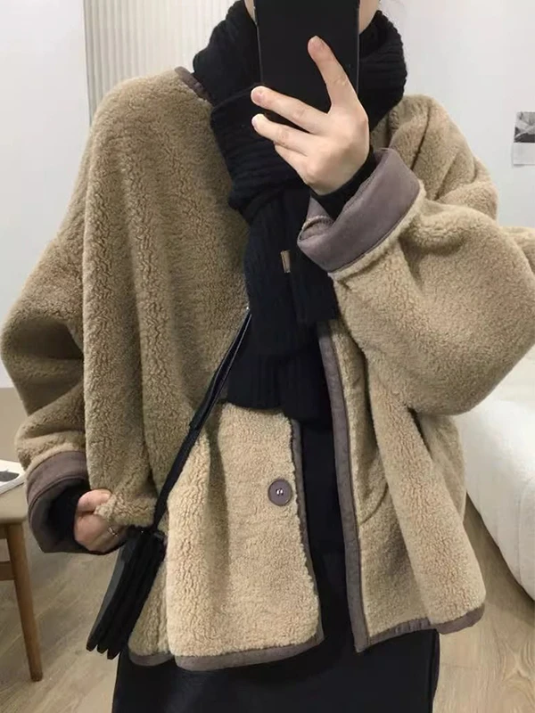 plus Size Women's Korean Style Lamb Velvet Open Cardigan Coat Warm Loose Fashionable Winter Outerwear for Heavy Women