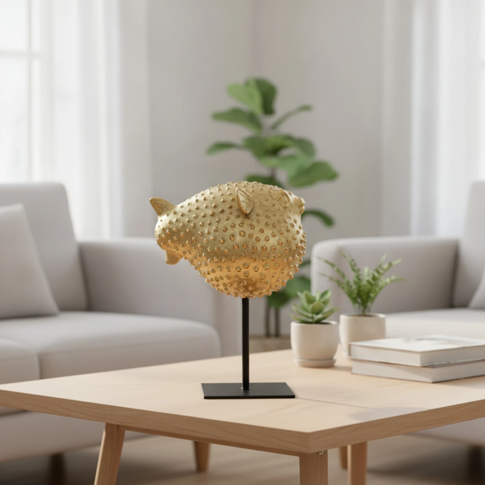 Pufferfish Sculpture with Stand Gold Pufferfish Figurine Puffer Marine Creature Sculpture Coastal Puffer Marine Creature