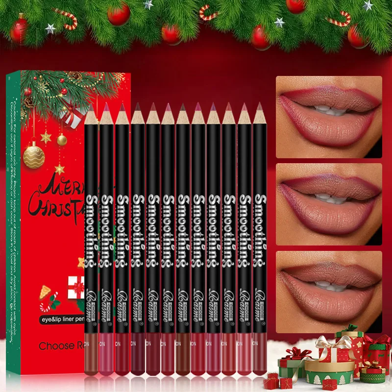 12-Color Christmas Lip Liner Set Waterproof and Long-lasting Non-stick Cup Matte Hook Lipstick Pen Set Makeup Matte Lipstick