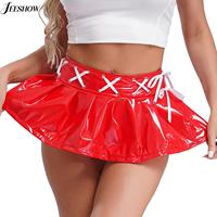 Womens Wet Look Faux Leather Mini Skirt Cross Lace-up Ribbon Waistband High Waist A-line Miniskirt Nightclub Rave Dance Clubwear