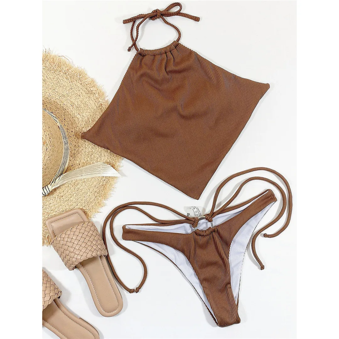Sexy High-Neck-Halter-Bikini mit geripptem Muster, Damen-Badeanzug, zweiteiliges Bikini-Set, Badeanzug mit Trägern, Badebekleidung, Modell V3141. – Detail 7