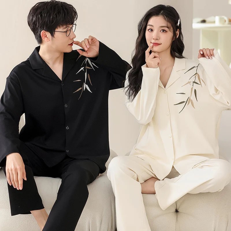 Newest Couple Pajamas Set Spring And Autumn 100% Cotton Pyjamas Women Men Turn-down Collar Pijama