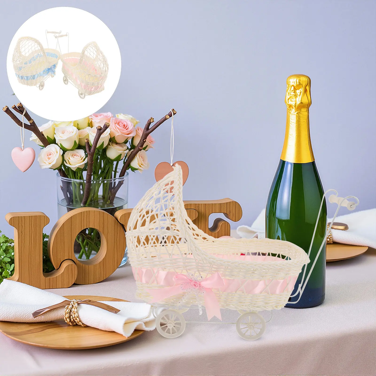

2Pcs Mini Stroller Candy Basket Baby Shower Centerpiece Pink Blue Party Favor Decorative Mini Carriage Display