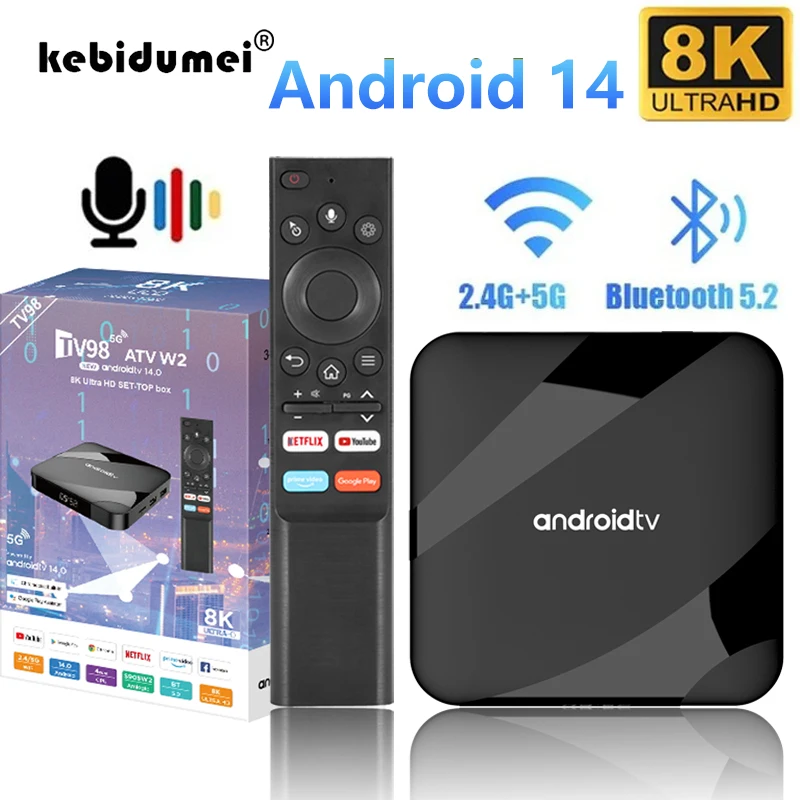 Приставка Смарт-ТВ на Android 14,0, 8K HD, AV1, двойной Wi-Fi, BT, голосовое управление, 3D видео, медиаплеер, домашний кинотеатр, ТВ-приставка