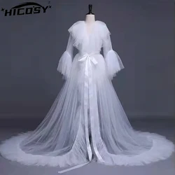 HICOSY Sexy Waist Tightening Robe Dress Gown Bridal  Sheer Perspective V Neck Ruffles Floor Long Bath Robe Gown Sleepwear Dress