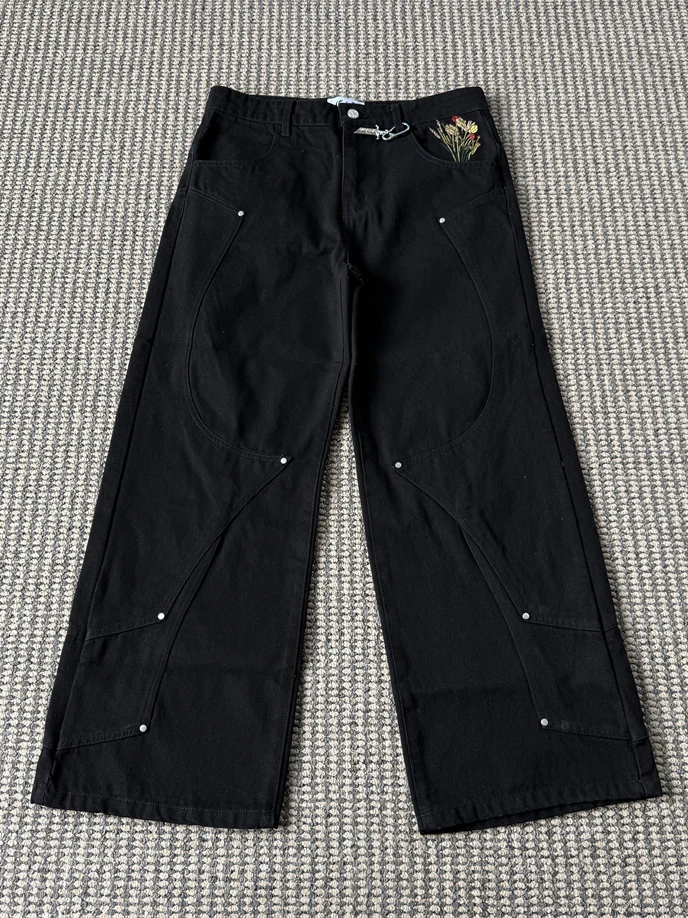 

Модные джинсы Vescartes с заклепками, унисекс, широкие брюки с эффектом потертости, уличный стиль, низкая посадка, пэчворк