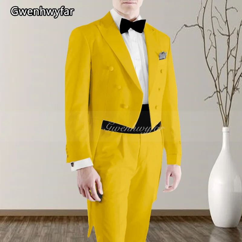 

Gwenhwyfar 2025 Yellow Men Suits Slim Fit 2 Piece Wedding Groom Tuxedo With Peaked Lapel Male Fashion Costume Blazer With Pants