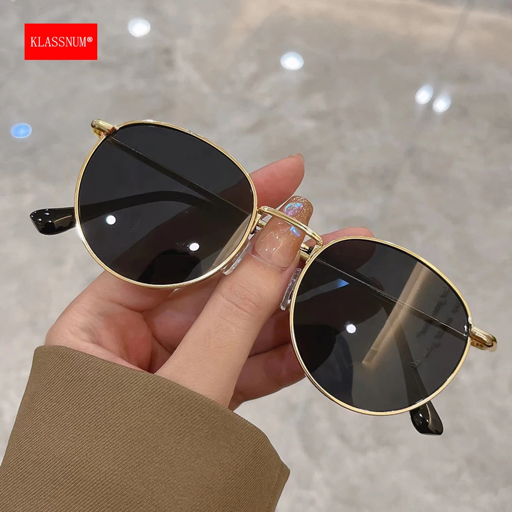 KLASSNUM Women's Sunglasses Small Round Frame Sun Glasses Retro Shades UV400 Protection Color Lens Men Black Green Eyepeice 2025