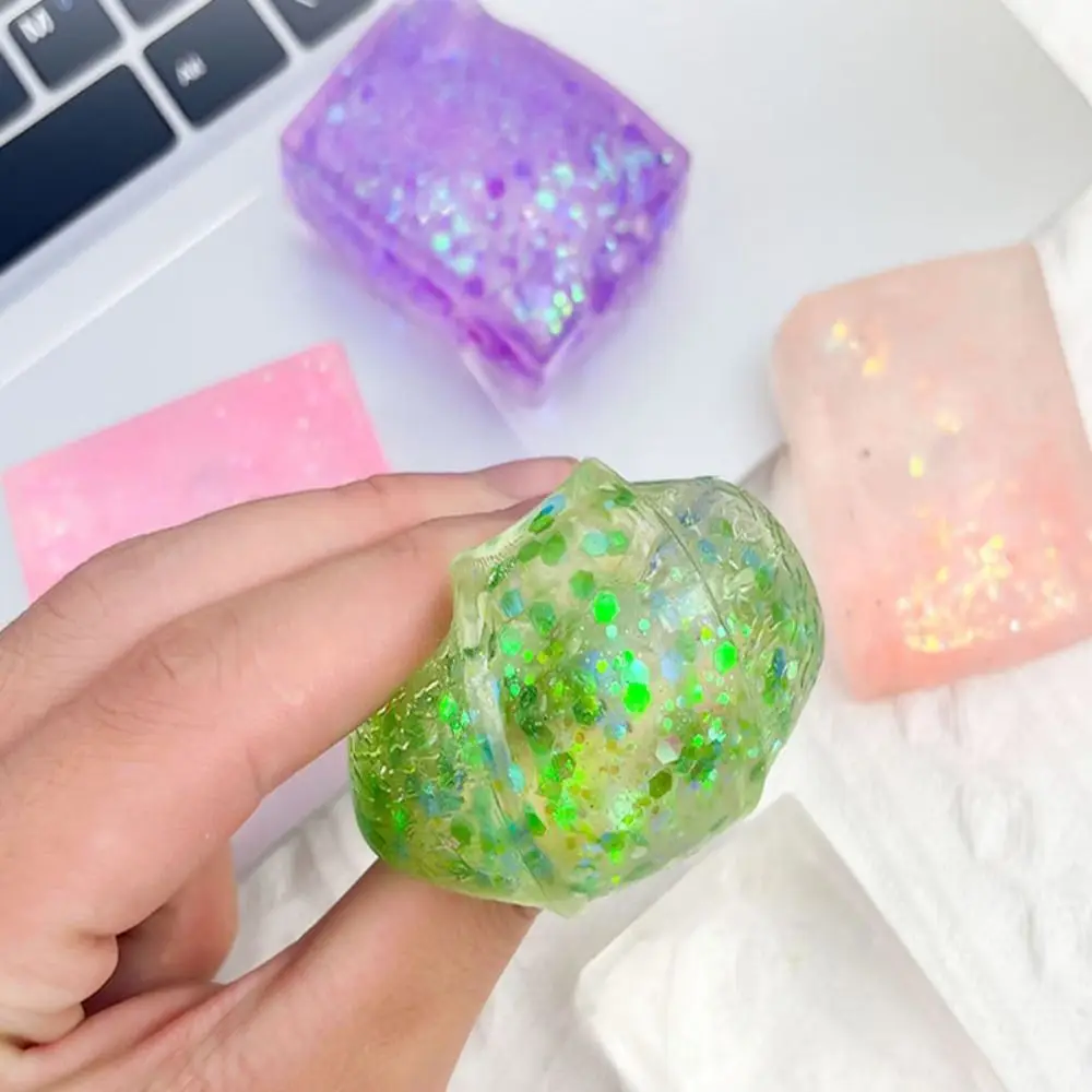 Polar Light Transparent Cube Fidget Toy Mochi Ice Block Glitter Colorful Simulated Tofu Fidget Toy Colorful TPR Block