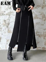 [EAM] High Elastic Waist Black Zipper Splited A-line Half-body Skirt Loose Women Fashion Tide New Spring Autumn 2024 1DH4445