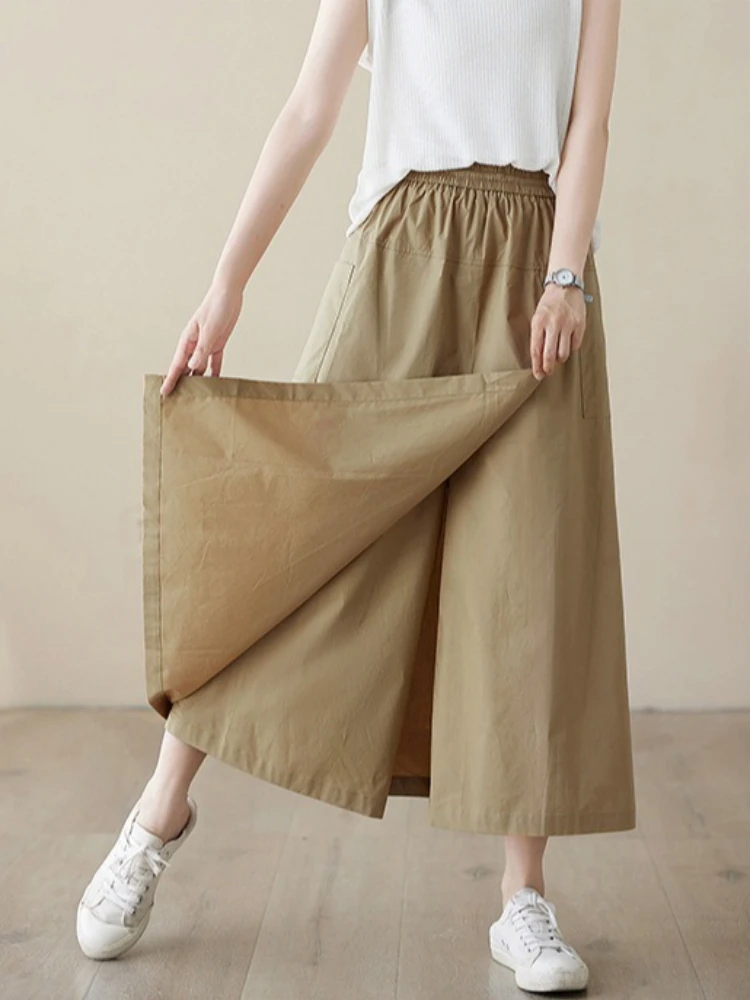 Summer Cotton and Linen Artistic Pants Skirt High Waist Drawstring A-shaped Women Skirt Solid Workwear Style Loose Pantskirt