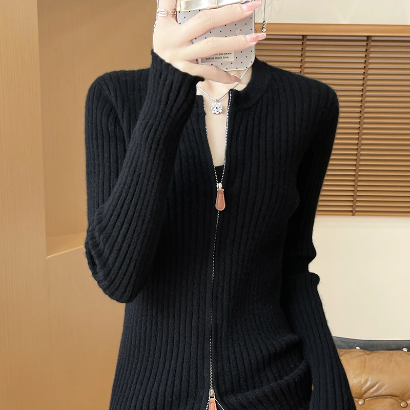 Autumn and winter new women\'s cardigan 100% pure wool O-neck loose zipper solid color loose cashmere fashion padded coat.