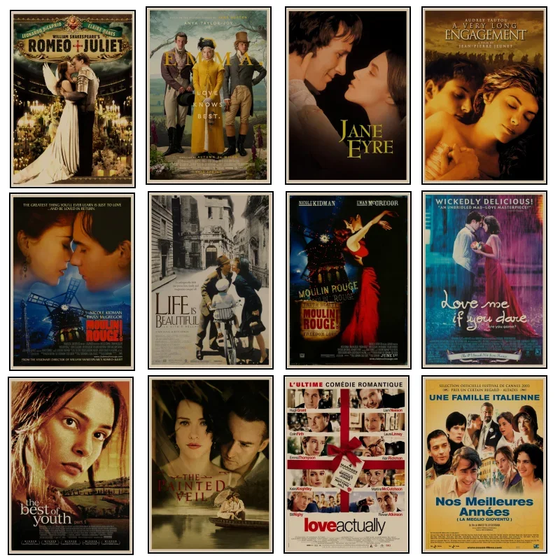 53 Classic Love Movie Posters. Romeo and Juliet / Jane Eyre / Titanic / Beautiful Life / One Day/Vintage Retro Kraft Poster