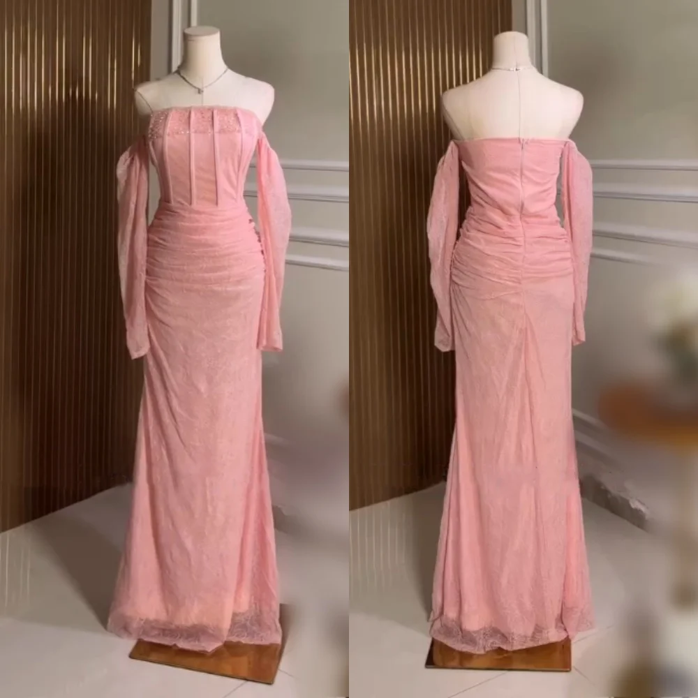 

Customized Formal Evening Dress Pleat Lace Glitter Off-the-shoulder Pink Long Dresses Bespoke Occasion Elegant Party Wedding