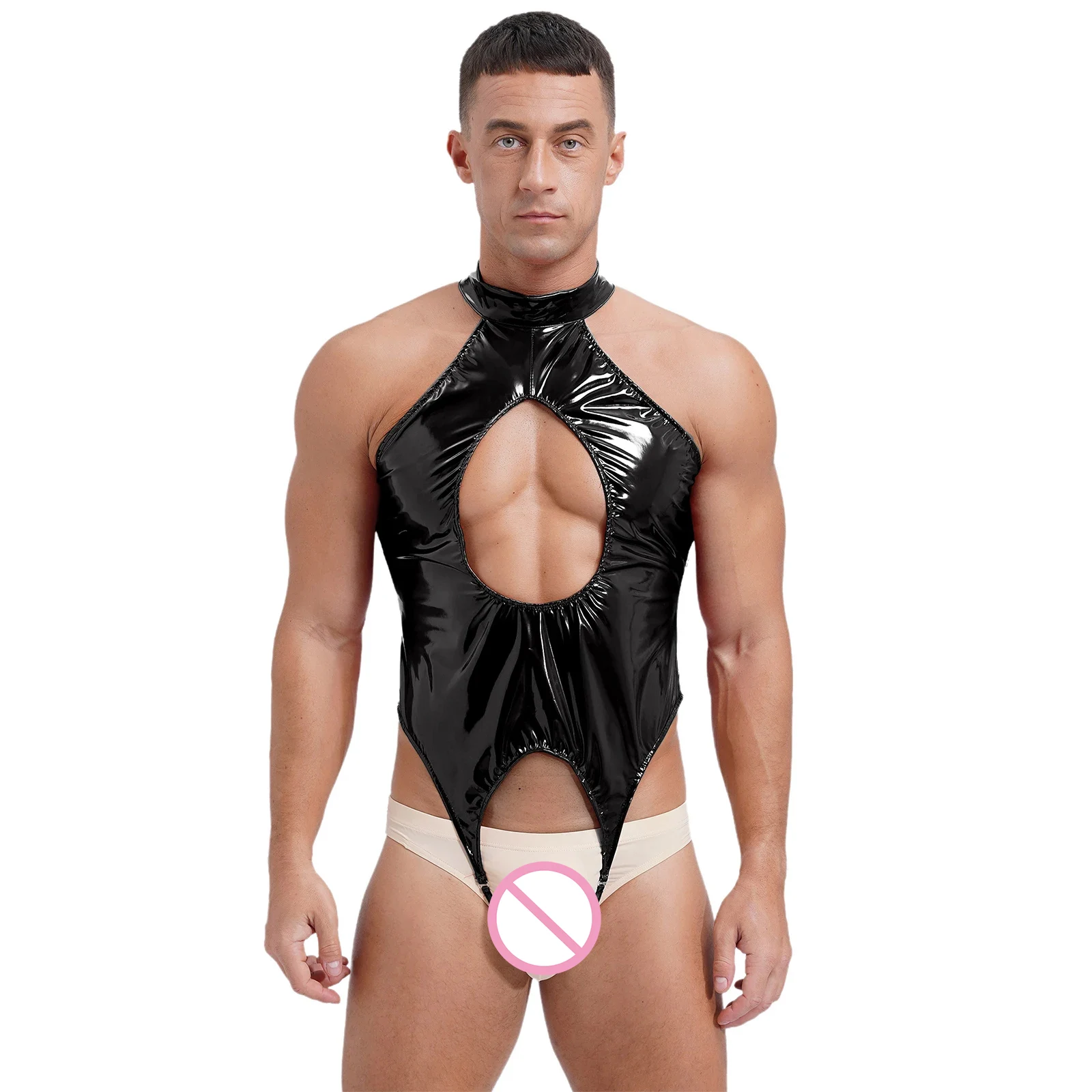 Mens Lingerie Latex Catsuit Wetlook Patent Leather Bodysuit One-piece Tempting Cut Out Crotchless Leotard Bodysuit Underwear