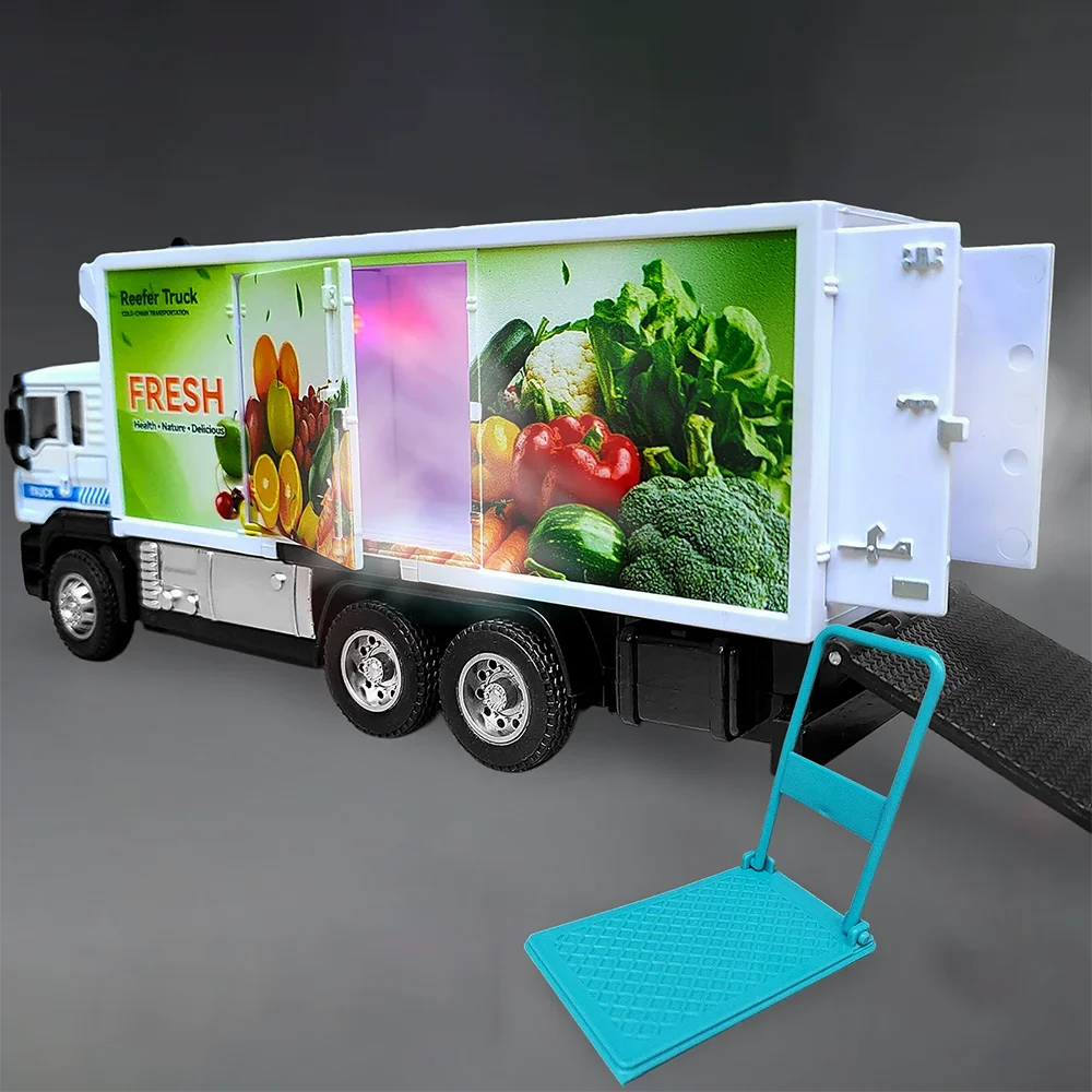 1:50 Refrigerated Transport Vehicle Model Toy Alloy Diecast Cars Sound Light Pull Back Doors Opened Truck Children's Puzzle Toys
