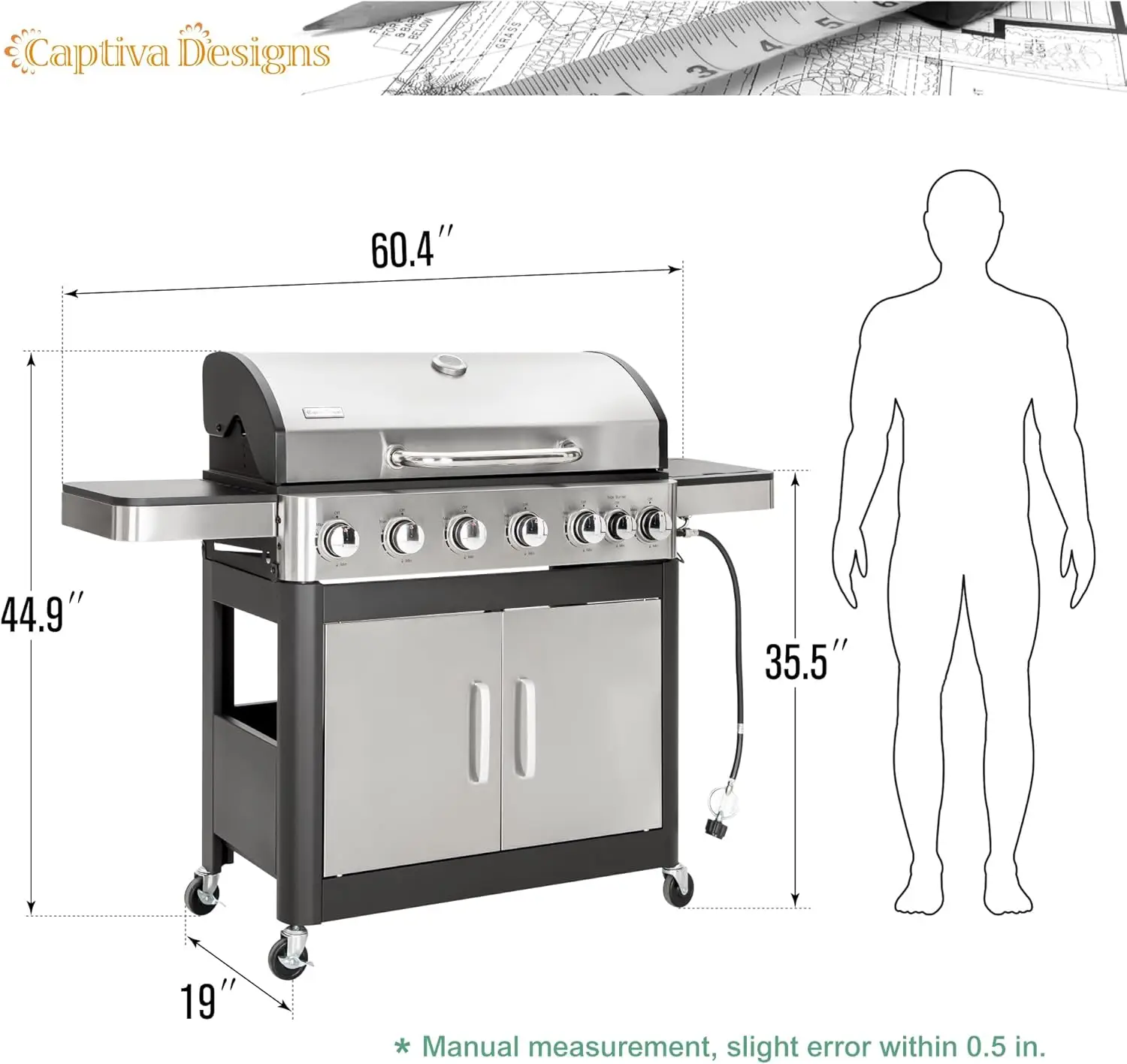 Captiva Designs 6-Burner Propane Gas BBQ Grill with Side Burner & Porcelain-Enameled Cast Iron Grate for Outdoor Kitchen