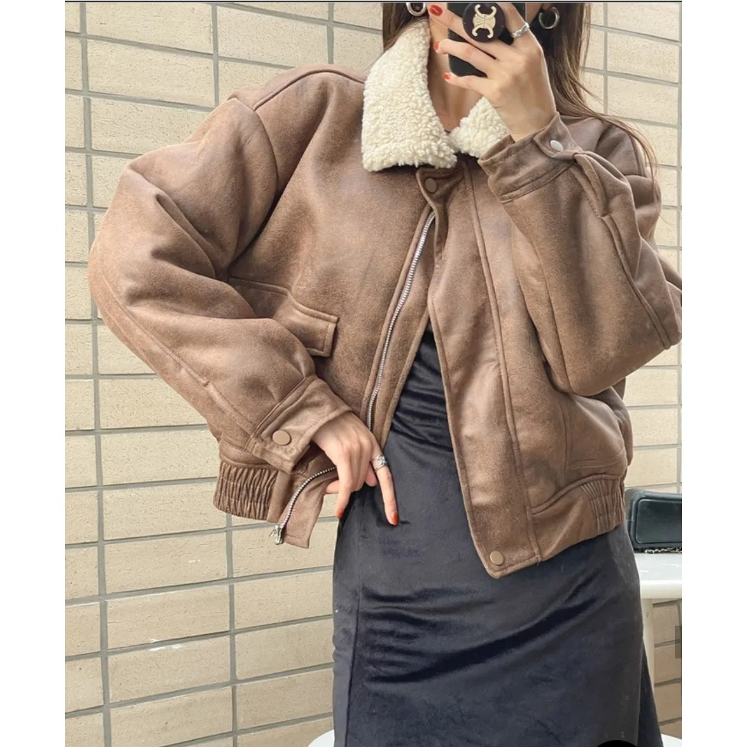 المرأة ort Thiened الجلود الفراء Inteated الخريف الشتاء جديد Sle الدافئة طوق الوقوف معطف صديقة للبيئة Faionable