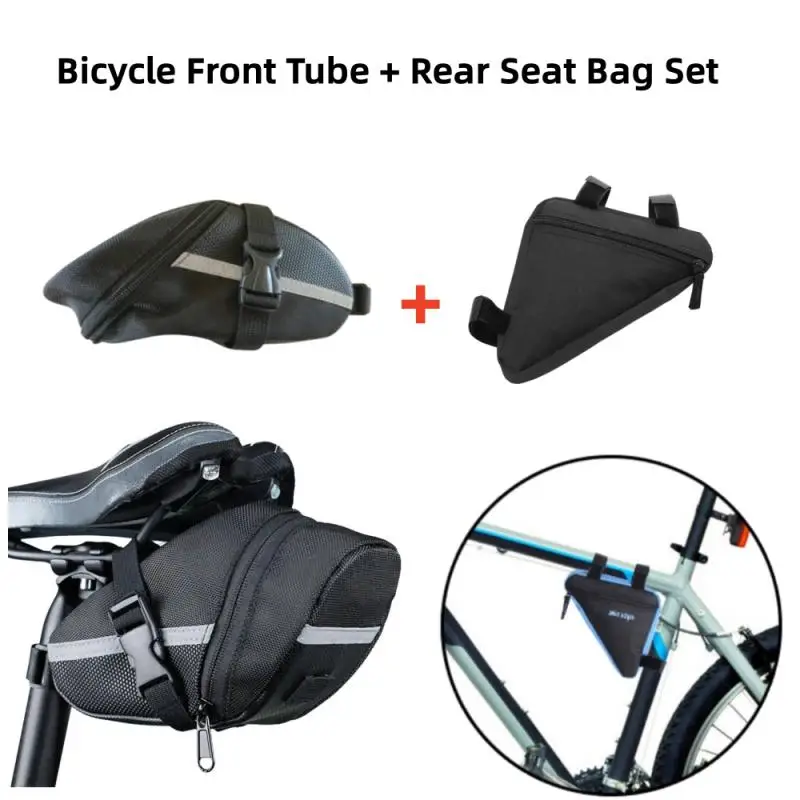 

2Pcs Motorcycle Bicycle Front Tube Triangle Bag + Tail Saddle Bag Set Front Tube Frame Pouch Saddle Tool Kit Bag