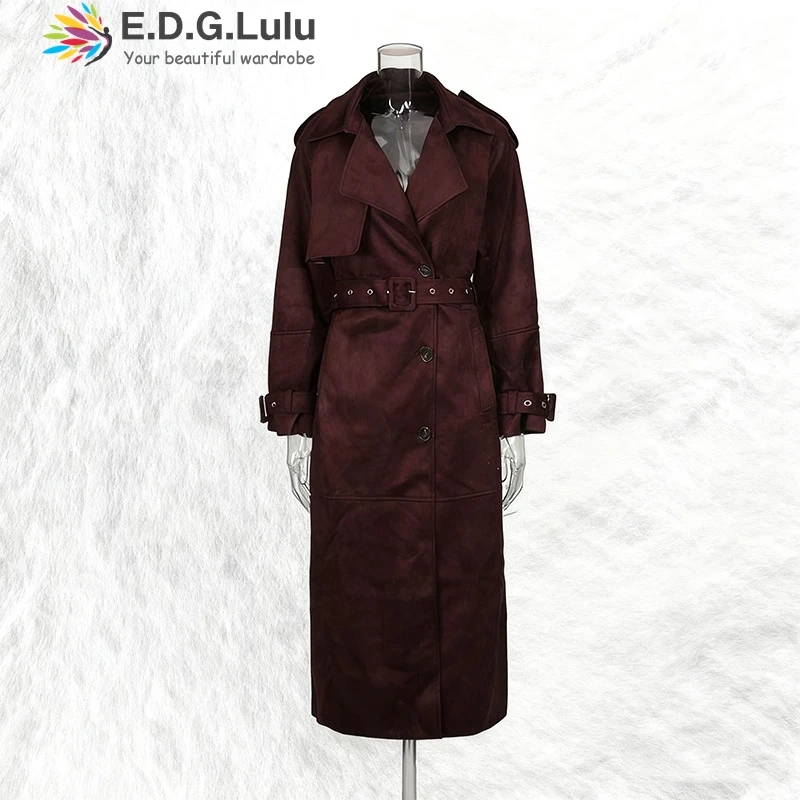 

EDGLuLu 2025 Autumn New Arrival Commuter Style Solid Color Trench Coat Officedouble Breasted Long Windbreaker Jacket+Belt 1027