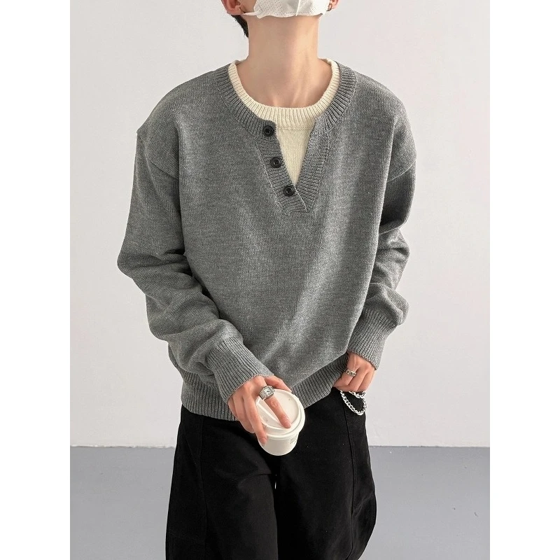 

Casual Loose Henry Collar Knitted Sweater Fake Two-Piece Top for Men Autumn Winter New Sle Versatile ort Length Warmth-Pr...
