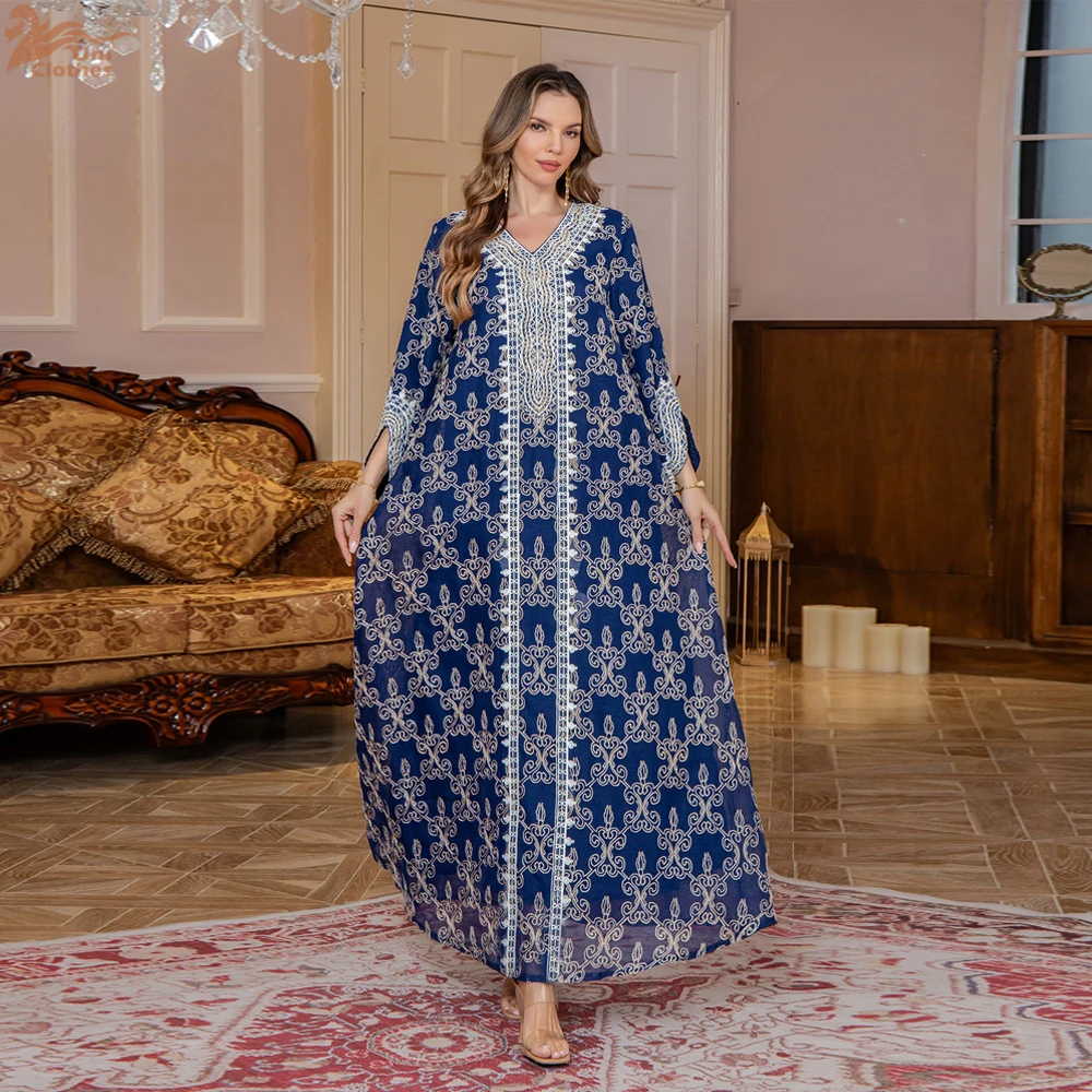 

Uni Элегантное повседневное длинное платье с цветочной вышивкой и бисером Ид Мубарак Кафтан Дубай Абая Турция мусульманские платья для выпускного вечера