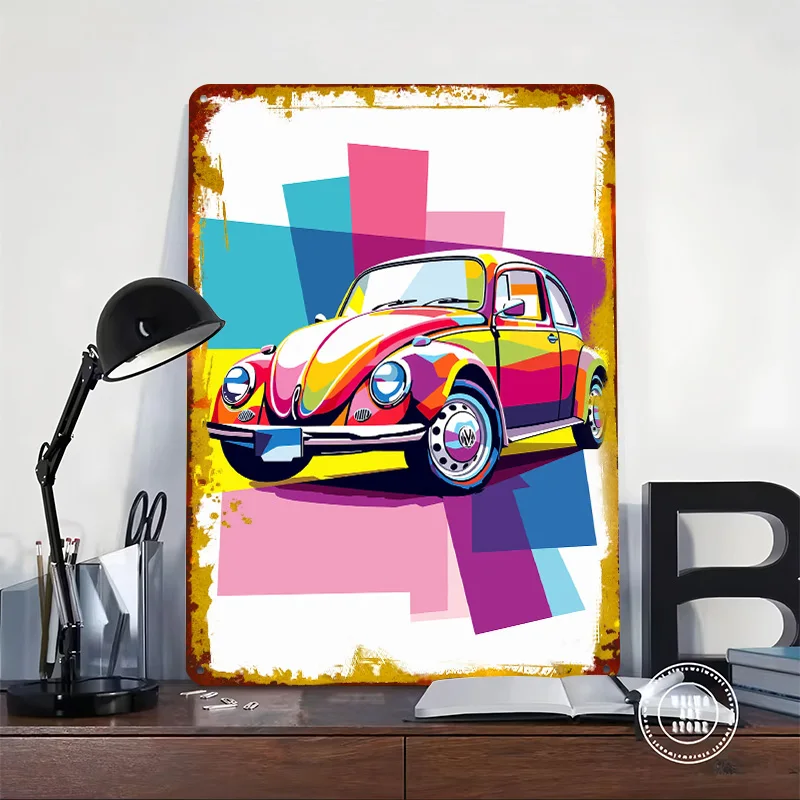 Colorful German Car Beetle Pop Art Metal Poster Customized Wall Art Retro Vintage Metal Signs for Man Cave Office Decoration