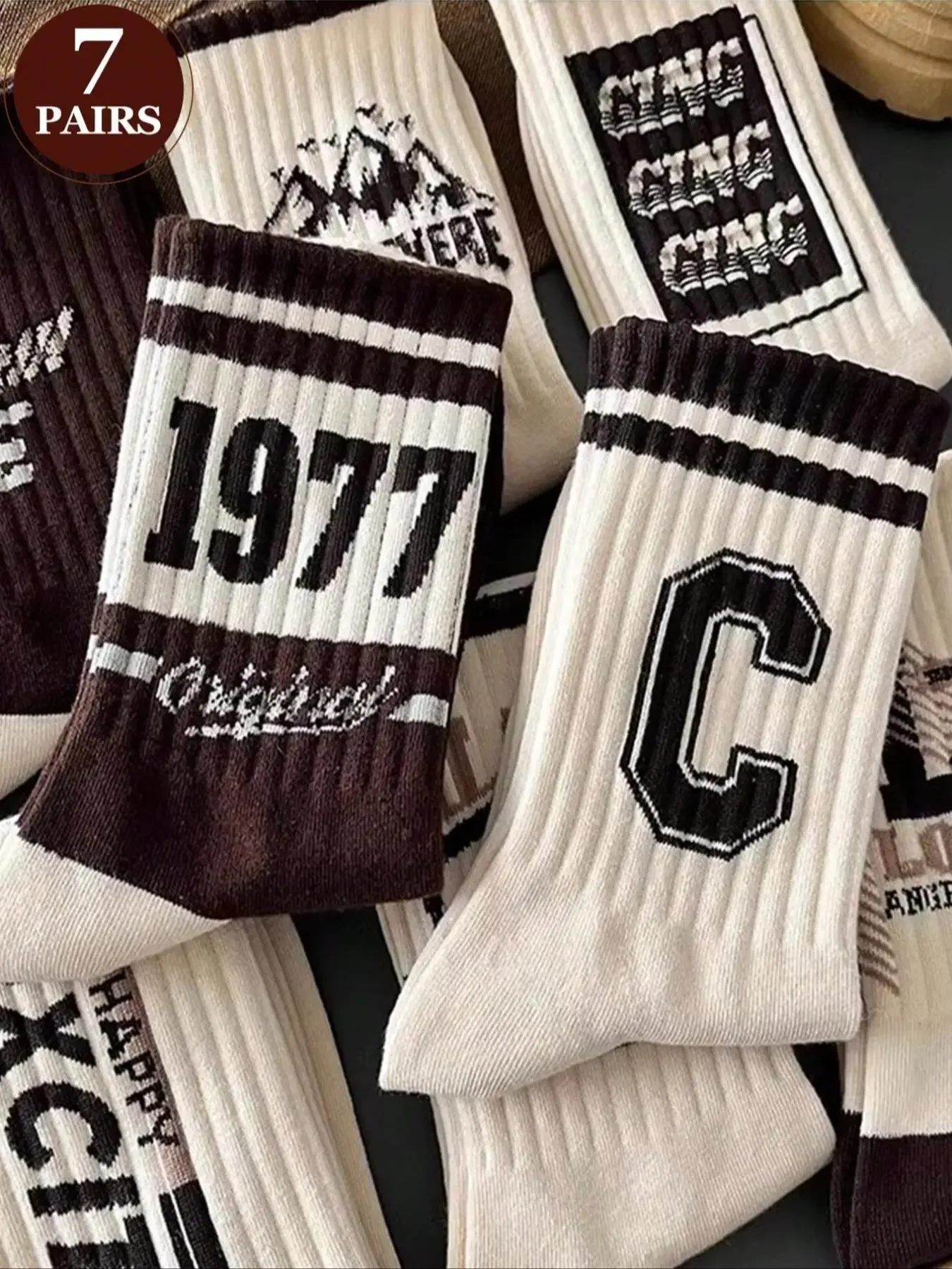 7 Pairs Coffee Color Casual Crew Socks, Breathable Sweat-Wicking Mid-Calf, Street Style Letter Design, Comfortable Soft, Unisex, Daily Wear