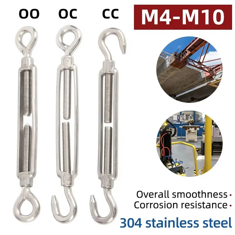 1Pcs Hooks & Eye Turnbuckle Wire Rope Tensioner M4/M5/M6/M8 304 Stainless Steel Tension Device Line Adjustable Cable Tension Set