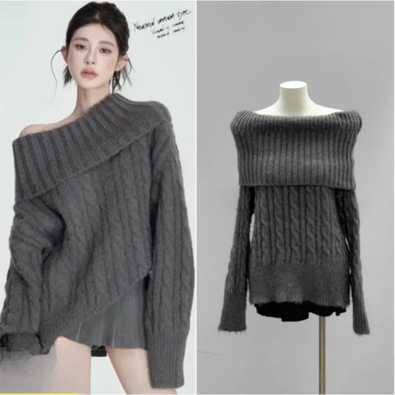 

2025 европейский и американский осенне-зимний женский однотонный однотонный модный универсальный вязаный свитер на одно плечо с рукавами-фонариками