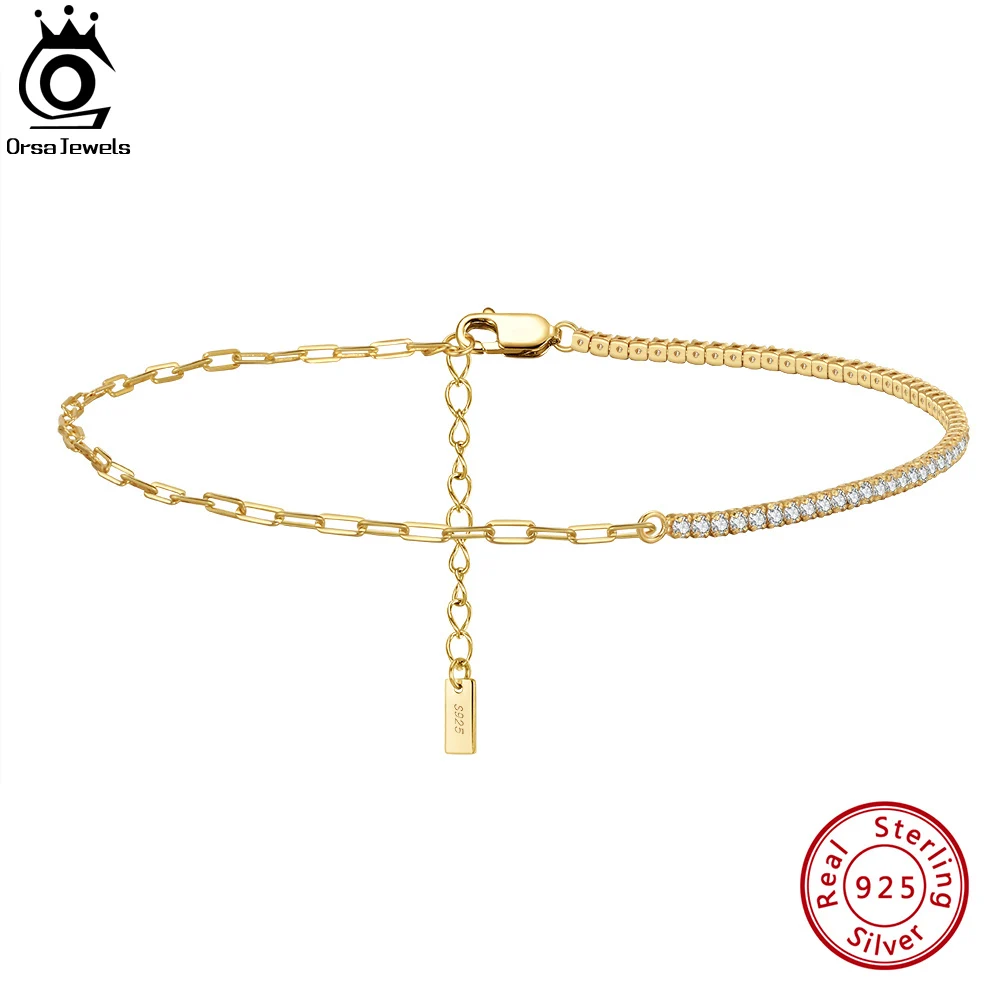 

ORSA JEWELS Paperclip Chains Tennis Anklets for Women Silver 925 Summer Fashion Cubic Zirconia Foot Chain Gold Jewelry SA21