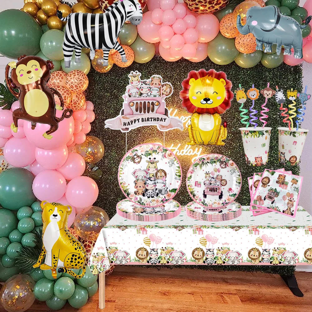 Pink Animal Tableware Jungle Safari Theme Disposable Tableware Jungle Animal Balloon Girl's Wild Birthday Party Decorations