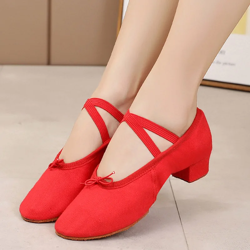 Scarpe da ballo da donna con tacco 3 cm Suola morbida in tela Comode scarpe da ballo elastiche resistenti all'usura leggere e traspiranti