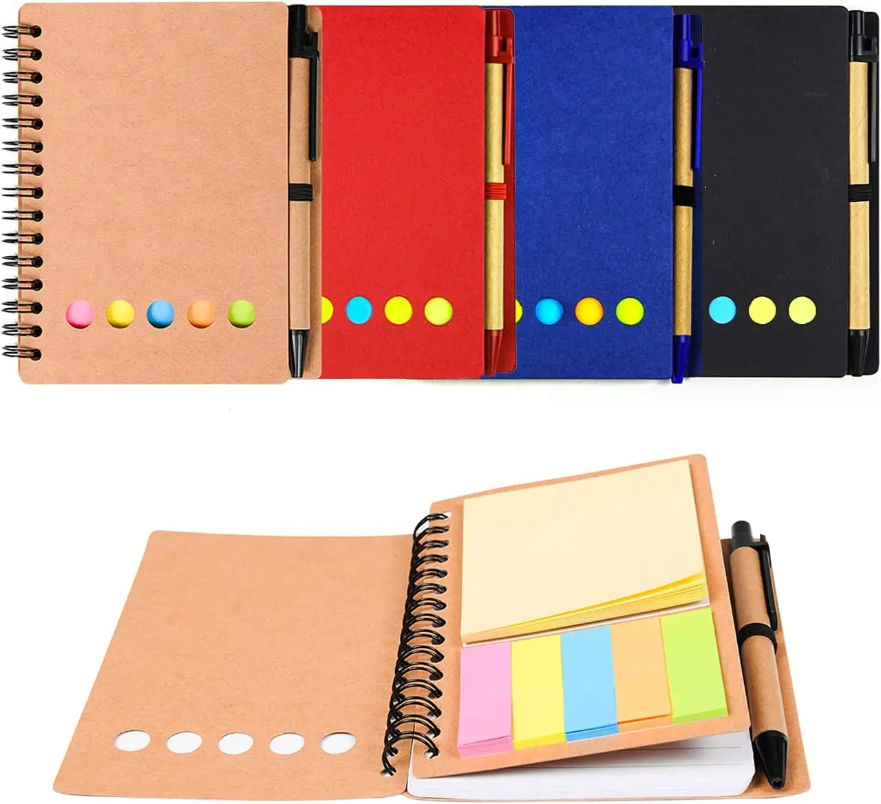 Kisdo-Cuaderno en espiral forrado, cubierta de papel Kraft, Bloc de notas con soporte para bolígrafo, notas adhesivas y marcador de página, cuaderno