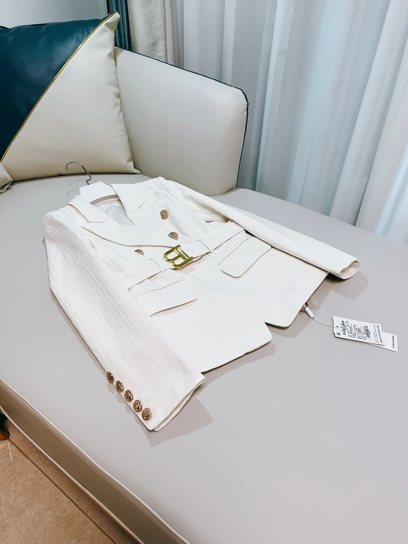 

Retro Briti Sle Women's Suit Jaet with Waist-Cinching Belt High-End White Lady Look Premium Quali Polyester