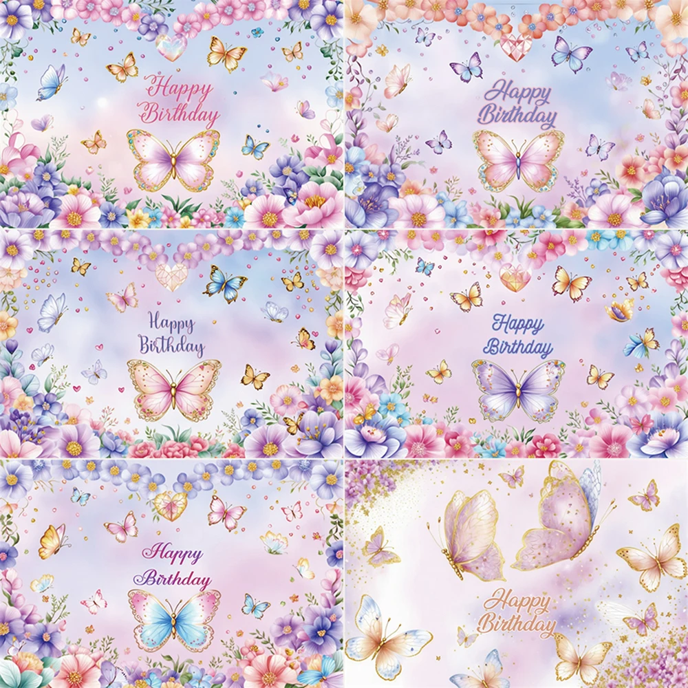 

MOON.QG Dreamy Butterfly Birthday Banner Photography Background Cherry Trees Garden Flowers Photocall Backdrop Baby Studio Props