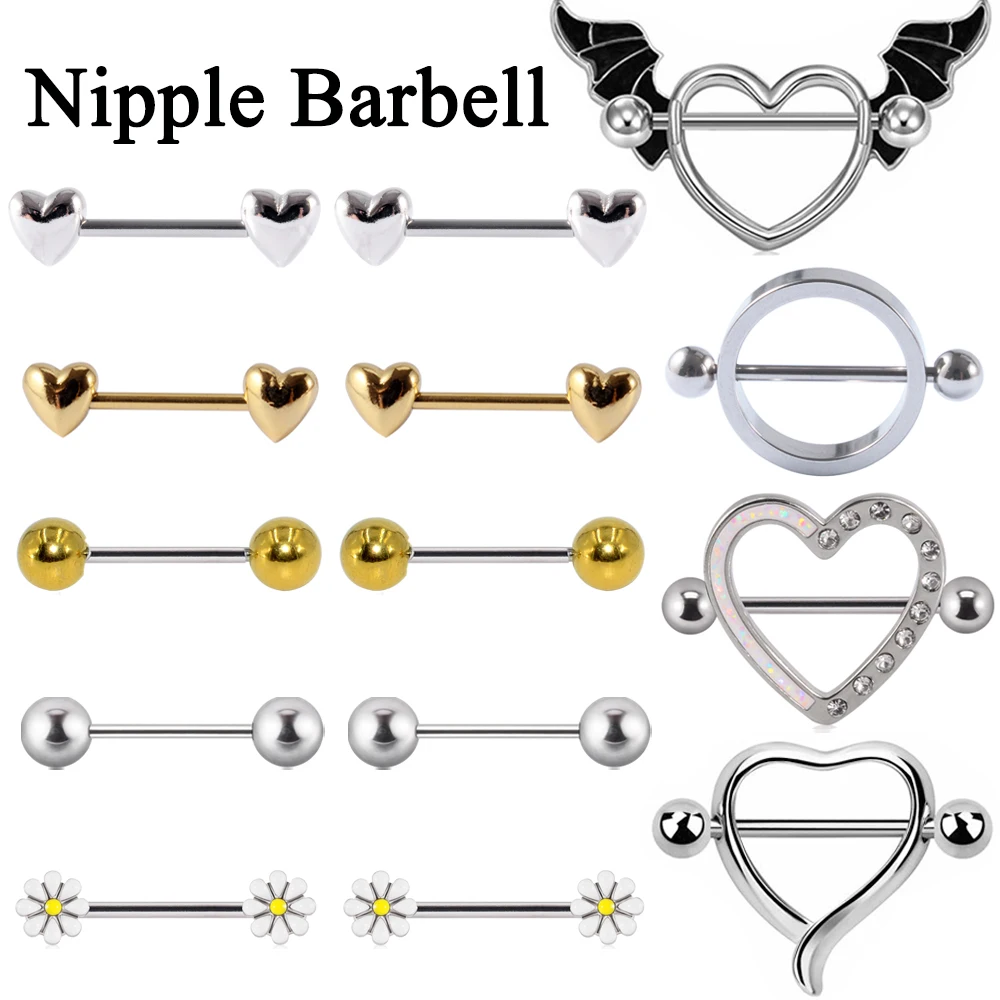 2PCS Surgical Steel Nipple Piercing Heart Ear Barbell Nipple Shield Charming Nipple Rings Women Body Piercing Jewelry 14G