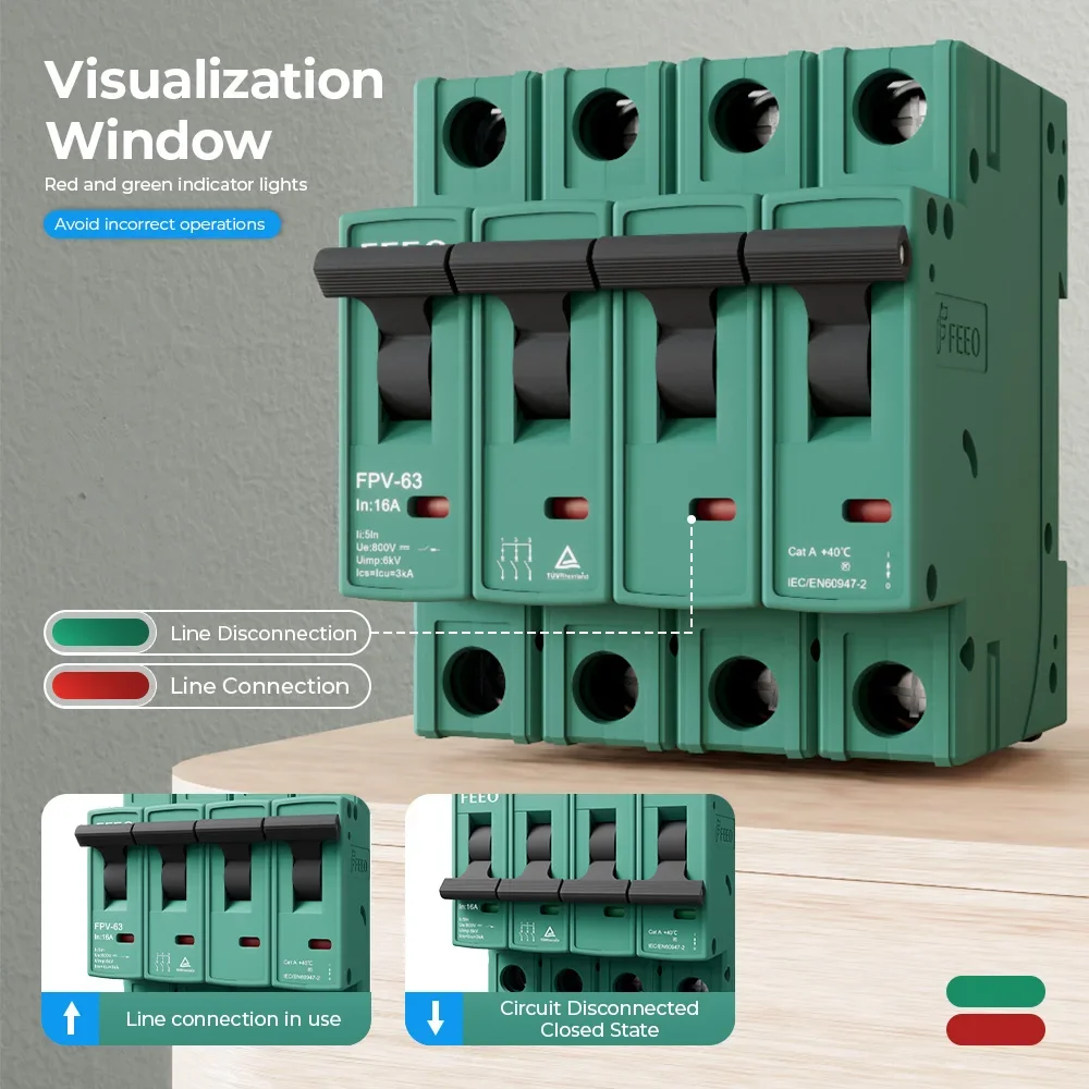 FEEO New Type Solar 4P 6A-63A Electrical Switch DC 1000VDC on Din Rail MCB Mini Circuit Breaker for PV System CE TUV Certificate