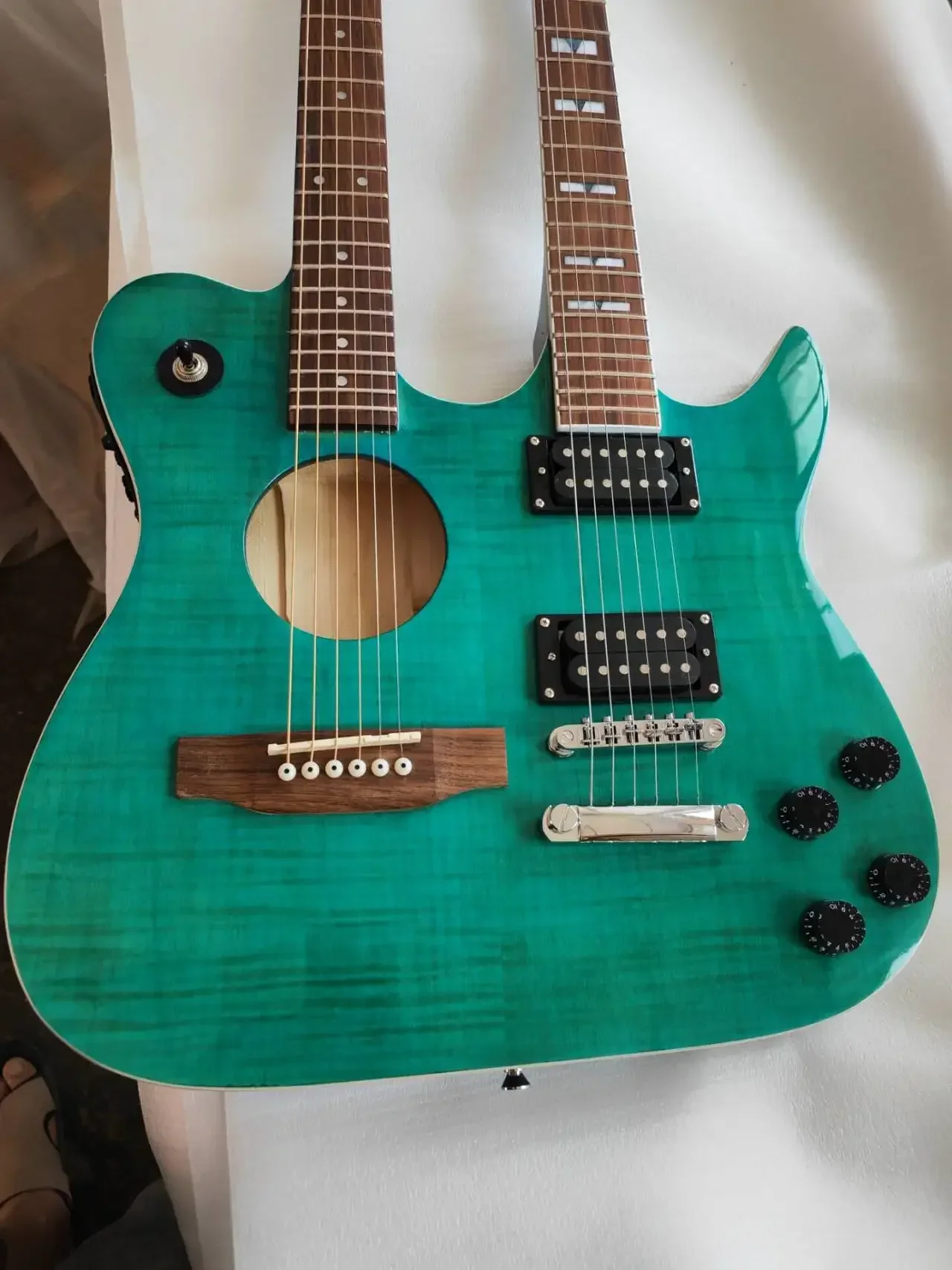 Double Neck Hollow Body Acoustic Electric Guitars Green Blue Flame Maple Top Slash 6+6 Strings Abalone Inlay Guitar Accessories