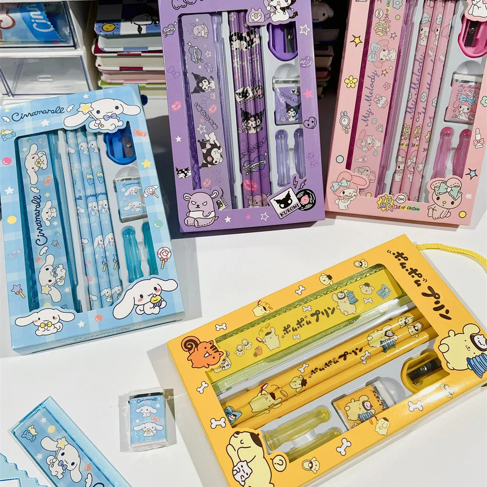 Sanrio Cartoon Stationery Sets Hellokitty Melody Kuromi Cinnamoroll Purin School Supplies Pencil Eraser Ruler Study Stationery