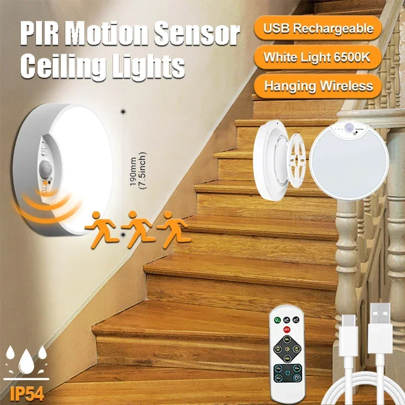 PIR Motion Sensor LED Ceiling Lights Hanging Wireless Night Light Rechargeable Remote Control for Garage Stairs Closet Hallway