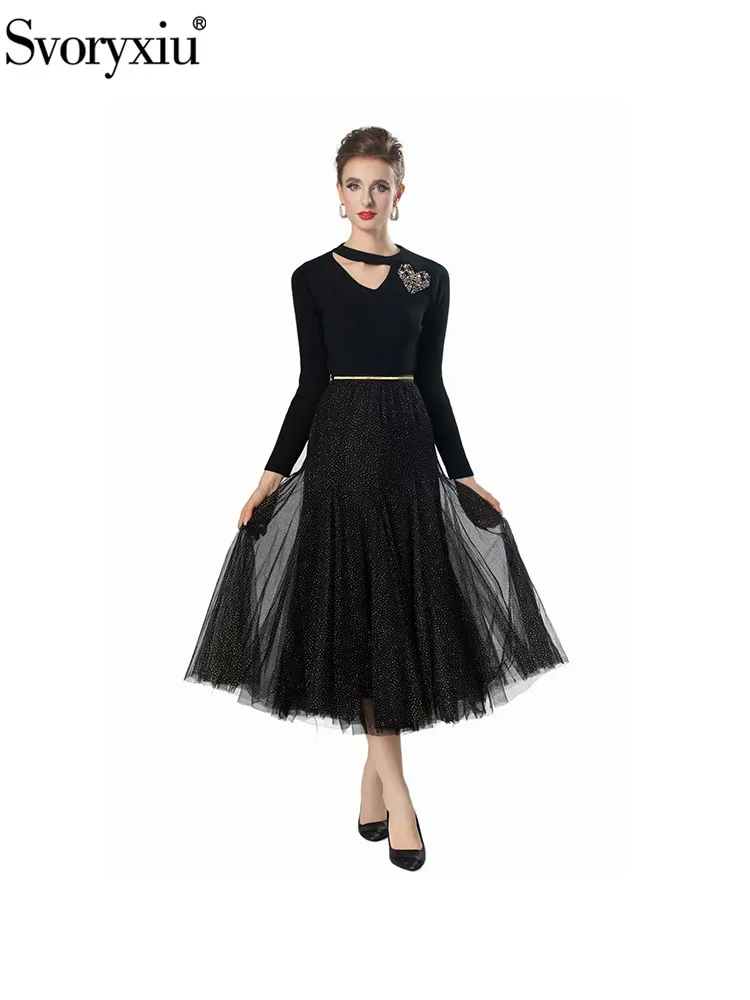 

Svoryxiu Fashion Runway Autumn Black Half Skirt Suit Women's O-Neck Hollow Out Beading Long Sleeve Pullovers + A-Line Midi Skirt