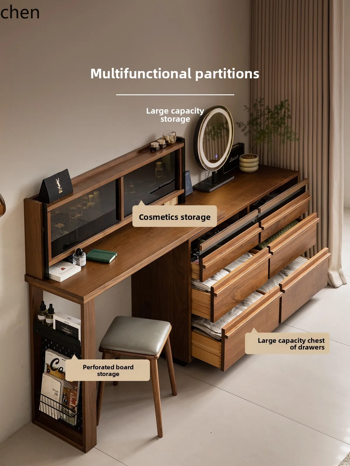 

LXC furniture black walnut solid wood dresser, chest, integrated retractable cosmetic table, bedroom bedside and bedside storage