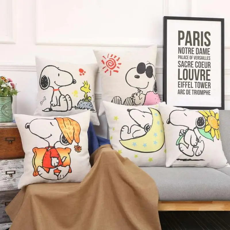 Snoopy Woodstock Cute Throw Pillow Cotton Linen Fashion Ins Style Cartoon Kawaii Anime Simple Living Room Sofa Car Cushion