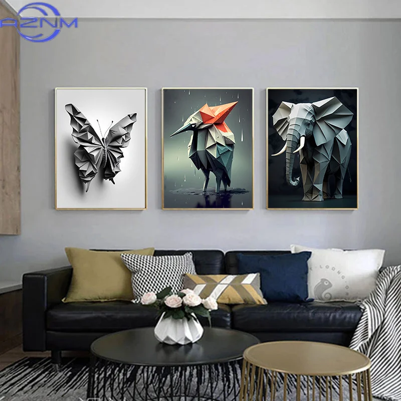 Animal Origami Art Posters Abstract Canvas Painting Wall Print Lion Butterfly Elephant Reindeer Picture Living Room Home Decor