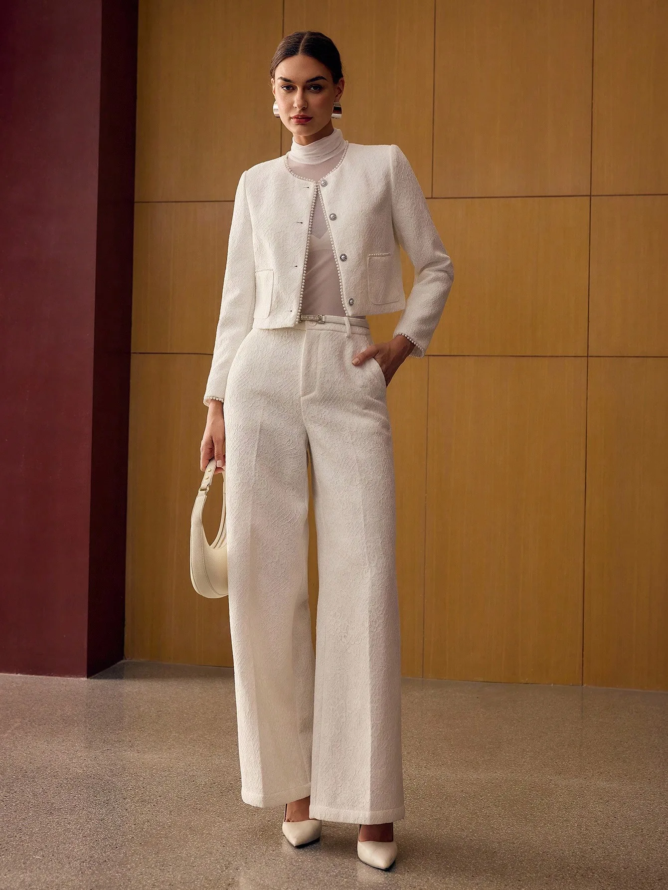 

Elegant White Tweed Jacket with Pearl Trim and Wide Leg Pants Set