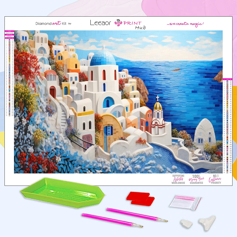 Paper Cut Landscape Diamond Painting Kits Santorini Island Mosaic Cartoon City Embroidery Cross Stitch Wall Sticker Home Decor